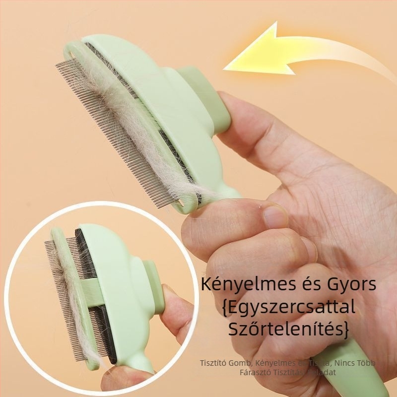 Macska- és kutyafélék részére készült fésű a szálak kioldására és a laza szőr eltávolítására, öntisztító fésű hosszú szőrű állatokhoz, masszázs és csomóoldás, anyag: ABS + acél tűk