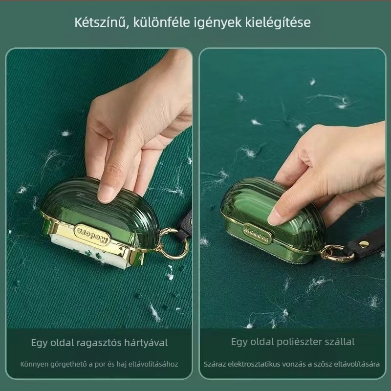 Kényelmesen hordozható, kétoldalas szöszmentesítő görgő ruhák és kanapék számára, újrahasználható szőr eltávolító kefével és fedéllel