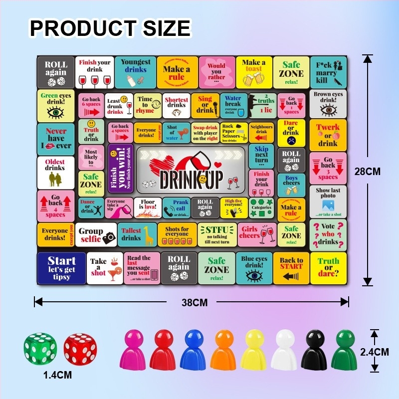 Párok közötti társasjáték - Monopoly-stílusú ivós játék (Anyag: természetes kaucsuk; Jellemzők: egyszerű párkapcsolati randizós játék; Alkalmazási helyszínek: közösség; Téma: felnőtt ismerkedés)