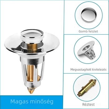 Réz anyagú pop-up mosdólefolyó dugó, forgatható fedéllel, szűrőhálóval és szag elleni tömítéssel – nyomógombos típus
