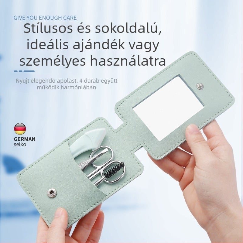 4 részes szemöldökvágó készlet: szemöldökvágó, sminkolló, szemöldökcsipesz — rozsdamentes acél és ABS