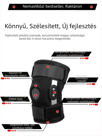 Térdvédő EVA kör alakú tömítővel a patella védelmére, több helyzetben használható: hegymászás, kosárlabda és futball. Anyag: SBR, textil, nylon és acél.