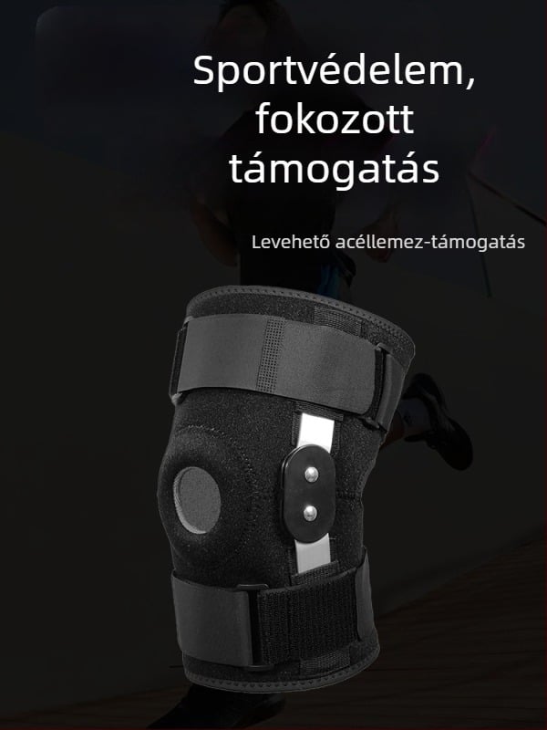 Térdvédő EVA kör alakú tömítővel a patella védelmére, több helyzetben használható: hegymászás, kosárlabda és futball. Anyag: SBR, textil, nylon és acél.