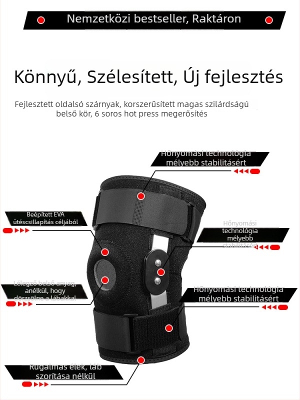 Térdvédő EVA kör alakú tömítővel a patella védelmére, több helyzetben használható: hegymászás, kosárlabda és futball. Anyag: SBR, textil, nylon és acél.