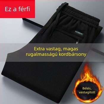 Férfi corduroy nadrág fleece-béléssel, egyenes szabású, középmagas derék, hosszú nadrág, poliészter anyag