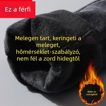 Férfi corduroy nadrág fleece-béléssel, egyenes szabású, középmagas derék, hosszú nadrág, poliészter anyag