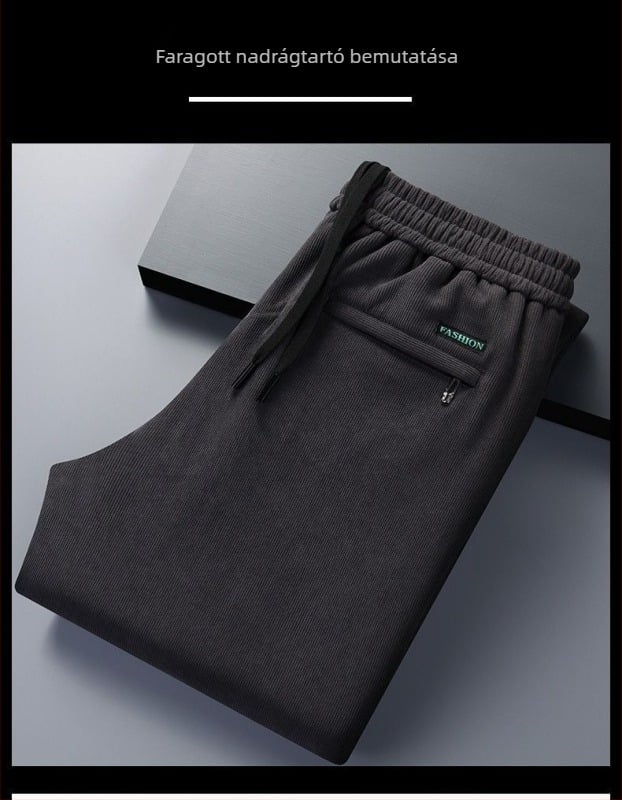 Férfi corduroy nadrág fleece-béléssel, egyenes szabású, középmagas derék, hosszú nadrág, poliészter anyag