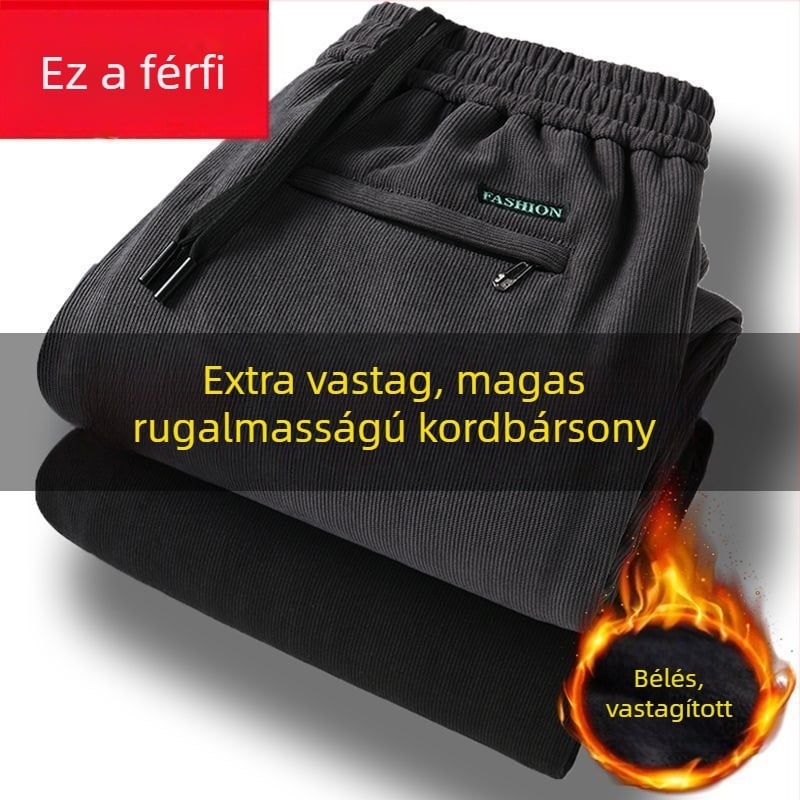 Férfi corduroy nadrág fleece-béléssel, egyenes szabású, középmagas derék, hosszú nadrág, poliészter anyag