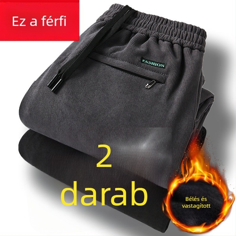 Férfi corduroy nadrág fleece-béléssel, egyenes szabású, középmagas derék, hosszú nadrág, poliészter anyag