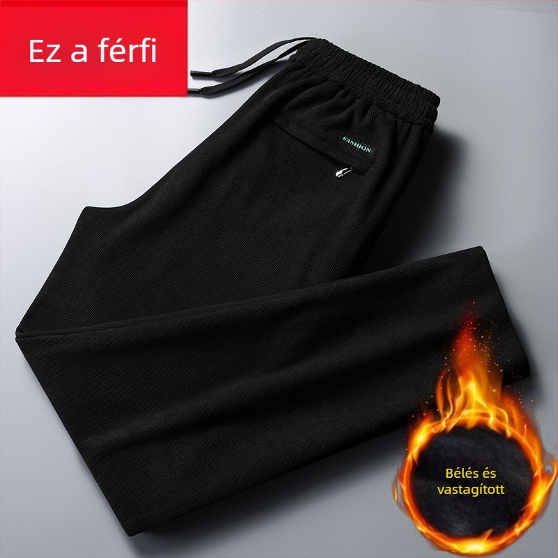 Férfi corduroy nadrág fleece-béléssel, egyenes szabású, középmagas derék, hosszú nadrág, poliészter anyag