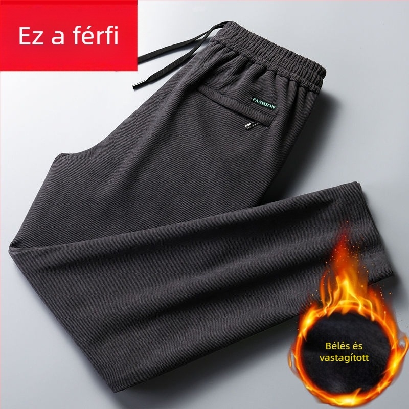 Férfi corduroy nadrág fleece-béléssel, egyenes szabású, középmagas derék, hosszú nadrág, poliészter anyag