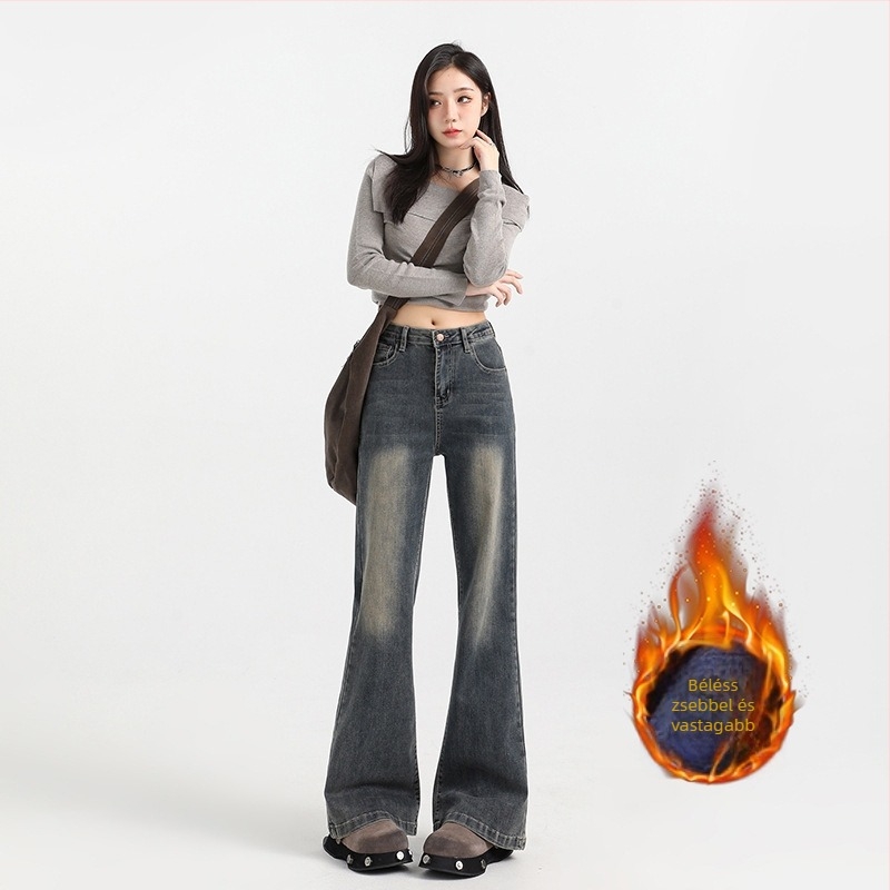 Női farmer nadrág fleece béléssel, magas derék, enyhén trapéz, 70–80% gyapot, mikroelasztikus