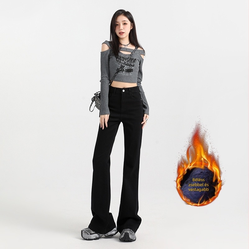 Női farmer nadrág fleece béléssel, magas derék, enyhén trapéz, 70–80% gyapot, mikroelasztikus