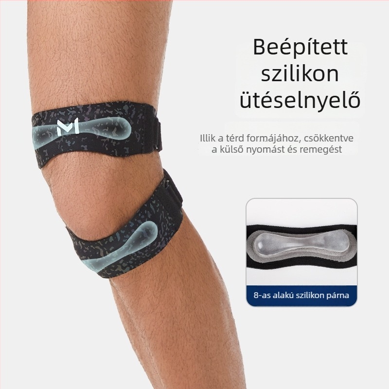 Térdvédő patelláris pánttal, szilikonos ütéscsillapítás, állítható nyomás, könnyű, 100 g alatt, univerzális illeszkedés