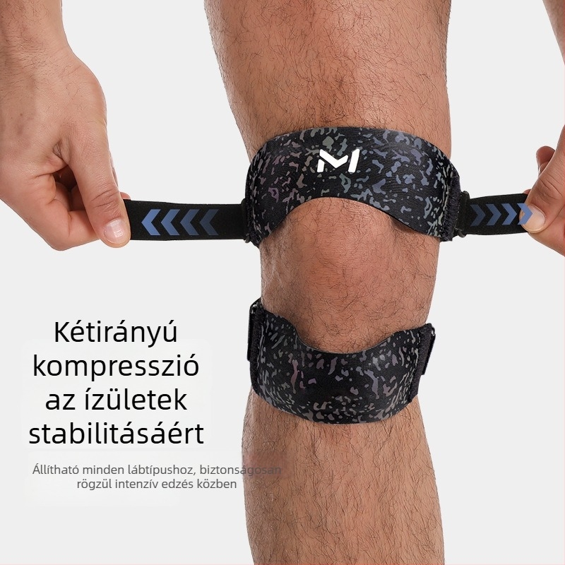 Térdvédő patelláris pánttal, szilikonos ütéscsillapítás, állítható nyomás, könnyű, 100 g alatt, univerzális illeszkedés
