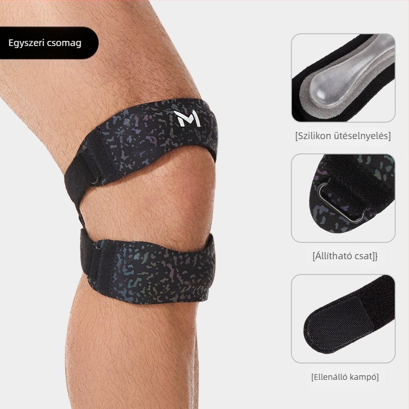 Térdvédő patelláris pánttal, szilikonos ütéscsillapítás, állítható nyomás, könnyű, 100 g alatt, univerzális illeszkedés