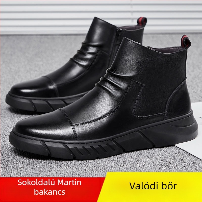 Férfi Martin bakancs bőrből, alacsony szár, fleece belső, gumitalp, Velcro-zárás