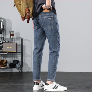 Férfi cropped slim-fit farmernadrág, egyenes szabás, pamut-denim, középmagas derék