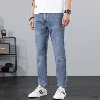 Férfi cropped slim-fit farmernadrág, egyenes szabás, pamut-denim, középmagas derék