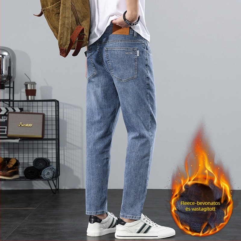 Férfi cropped slim-fit farmernadrág, egyenes szabás, pamut-denim, középmagas derék