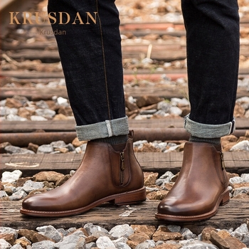 Férfi Chelsea bakancs első réteg marha bőrből, oldalsó cipzárral, gumírozott talppal – brit lazább stílusú bőrcipő