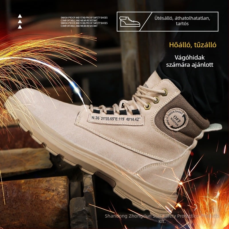 Magas szárú velúr védőcsizma ütésálló, áthatolás elleni védelem, szigetelt és csúszásmentes, acélorrú