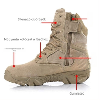 Férfiaknak készült magas felső részű taktikai bakancsok, felső rész tehenes velúr bőrből, gumírozott talp, nyúl szőrös bélés, két réteg sertésbőrből készült talpbetét, kézzel készített Martin bakancs
