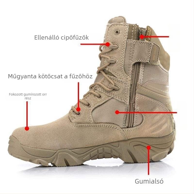 Férfiaknak készült magas felső részű taktikai bakancsok, felső rész tehenes velúr bőrből, gumírozott talp, nyúl szőrös bélés, két réteg sertésbőrből készült talpbetét, kézzel készített Martin bakancs