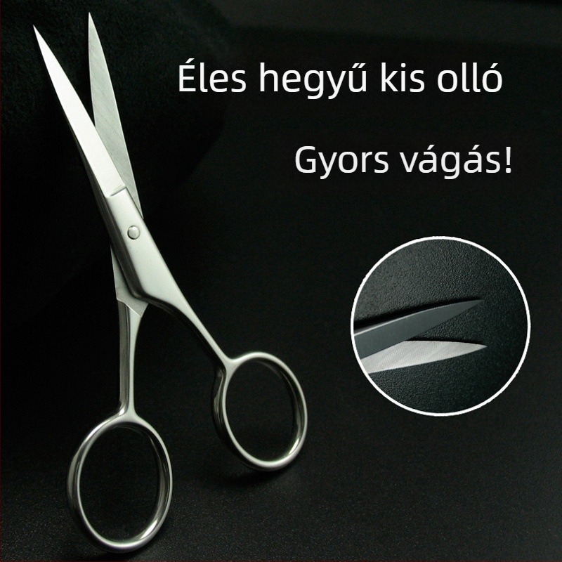 Rozsdamentes acélból készült szemöldök-, orr- és szakállolló, kerek fejű kivitel