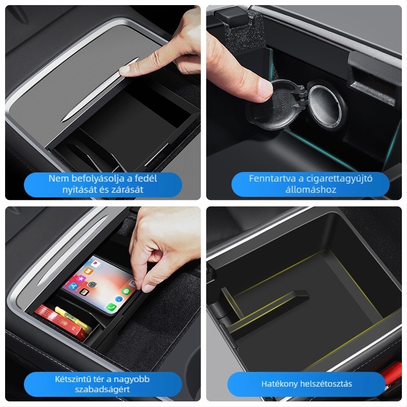 Tesla Model Y/3 központi konzol tároló kiegészítő (új verzió), ABS, ragasztásos telepítés, hátsó oldalsó tároló a csomagtartóhoz