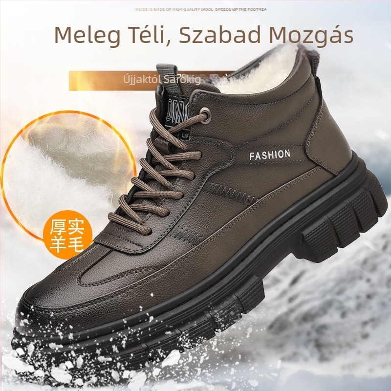 Férfi téli magasított bakancs, vastag műszőrme bélés és gumitalp, előre fűzős, Martin-stílus