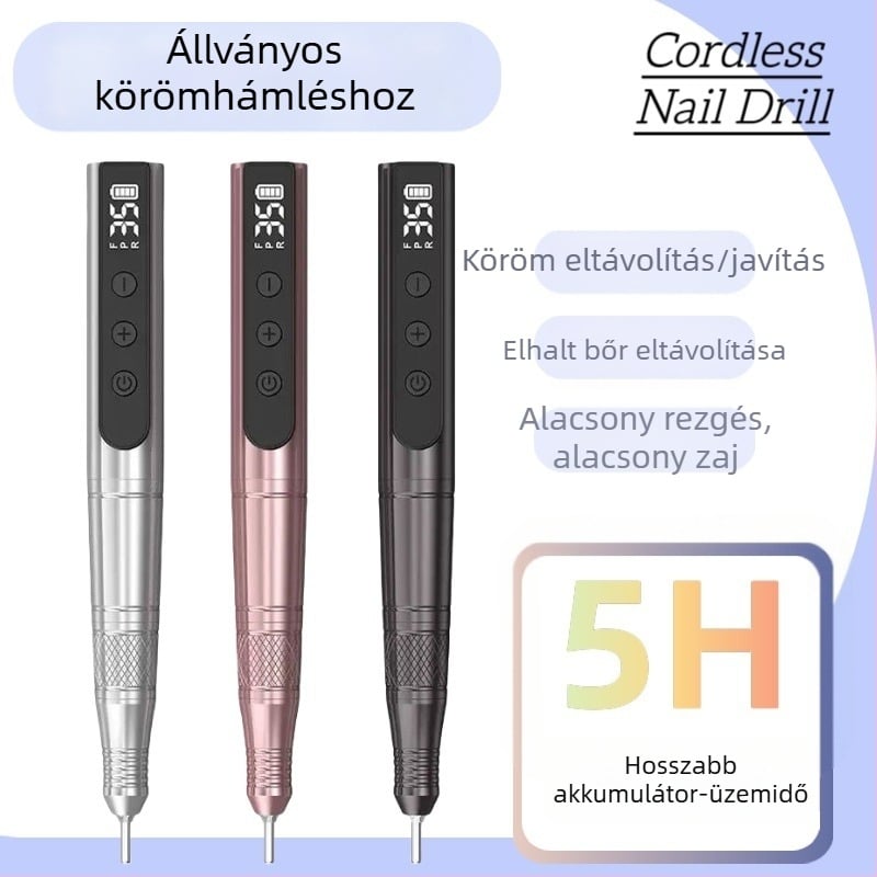 Toll alakú, vezeték nélküli körömcsiszoló USB-kijelzővel, hordozható manikűr polírozó, fém test