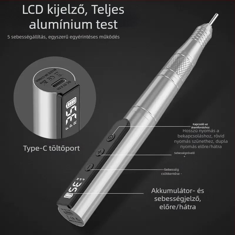 Toll alakú, vezeték nélküli körömcsiszoló USB-kijelzővel, hordozható manikűr polírozó, fém test