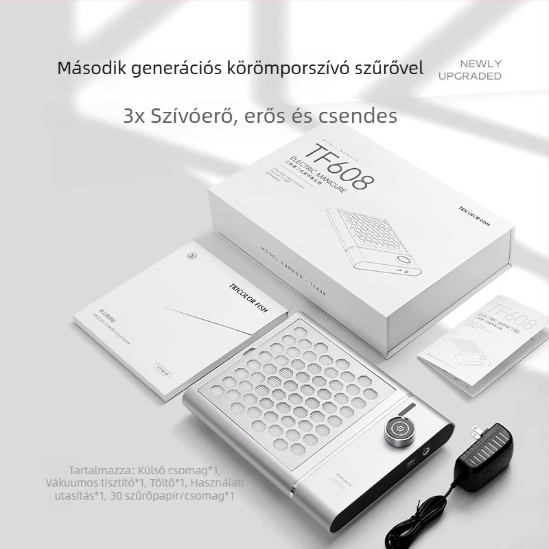 Three-Color Fish második generációs körömpor-elszívó, ultra vékony lapos dizájn, csendes eltávolító és csiszoló eszköz