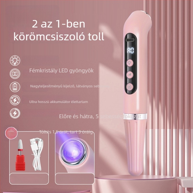 Manikűr USB 2-in-1 polírozó toll kézben tartható lámpával, hordozható, újratölthető (modell V5 grinder)