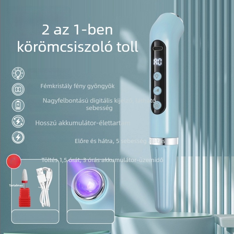 Manikűr USB 2-in-1 polírozó toll kézben tartható lámpával, hordozható, újratölthető (modell V5 grinder)