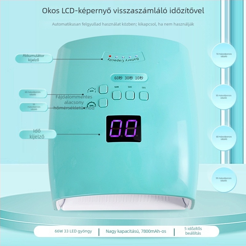 Körömlámpa vezeték nélküli töltéssel, 66W nagy teljesítmény, modell S10, fényterápia