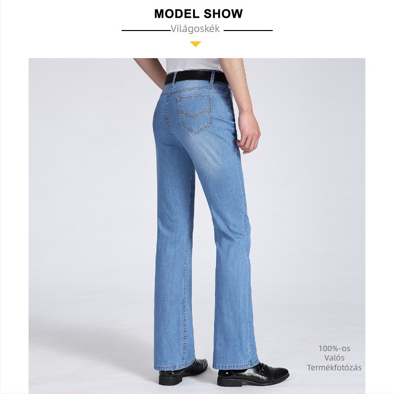 Denim nadrág mikroflare, karcsú szabás, elasztikussal, alacsony derék, cipzár (Nyár 2025)