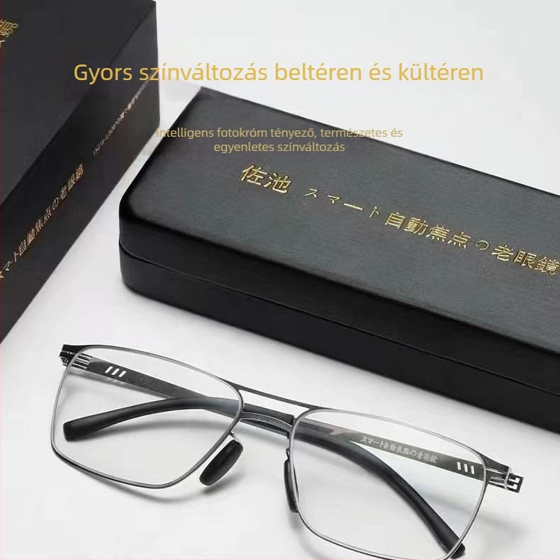 Olvasó szemüveg műgyantából készített lencsékkel, fotokróm és UV-védő lencsékkel, anti-kékfény technológiával, teljes keret, titánötvözet keret