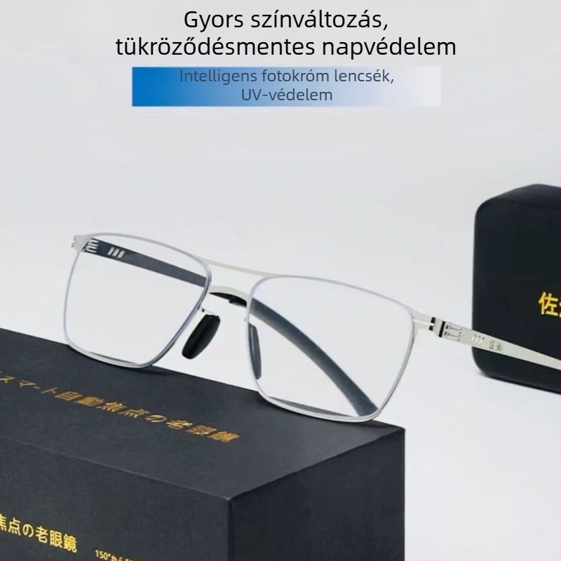 Olvasó szemüveg műgyantából készített lencsékkel, fotokróm és UV-védő lencsékkel, anti-kékfény technológiával, teljes keret, titánötvözet keret