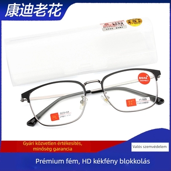 Kandi férfi olvasószemüveg, gyanta lencsékkel, kékfény elleni védelem, félkeretes kivitel, fém keret, négyzetes arcformához