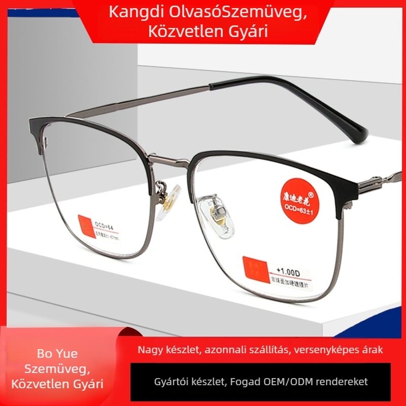 Kandi férfi olvasószemüveg, gyanta lencsékkel, kékfény elleni védelem, félkeretes kivitel, fém keret, négyzetes arcformához