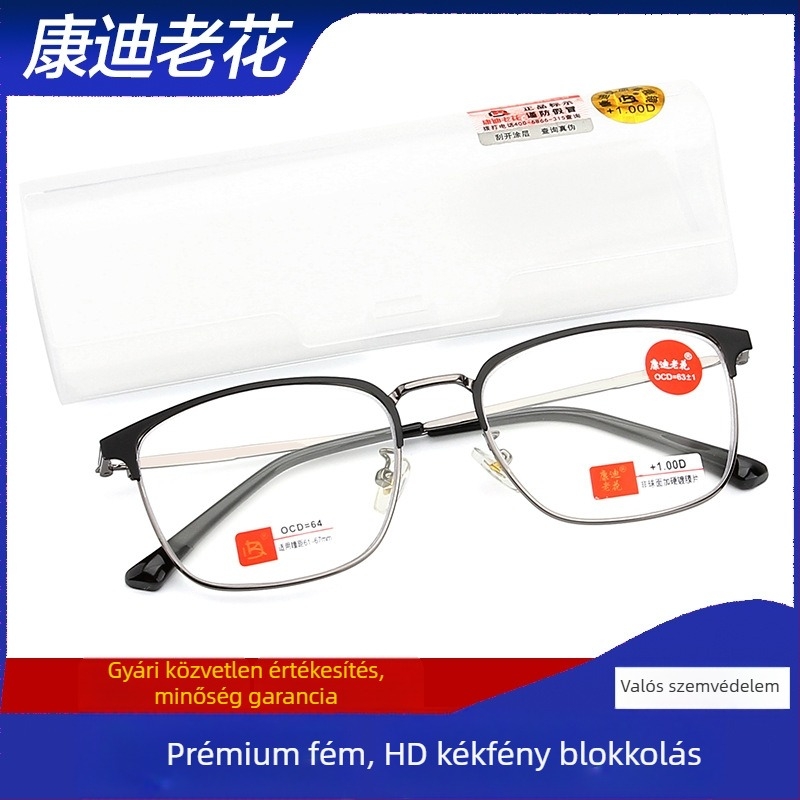 Kandi férfi olvasószemüveg, gyanta lencsékkel, kékfény elleni védelem, félkeretes kivitel, fém keret, négyzetes arcformához