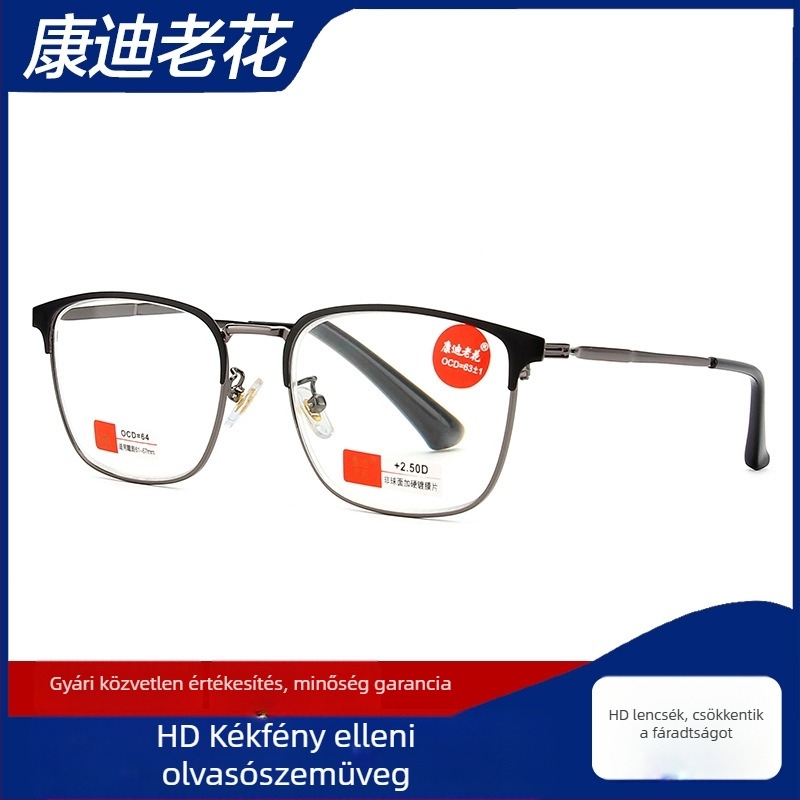 Kandi férfi olvasószemüveg, gyanta lencsékkel, kékfény elleni védelem, félkeretes kivitel, fém keret, négyzetes arcformához