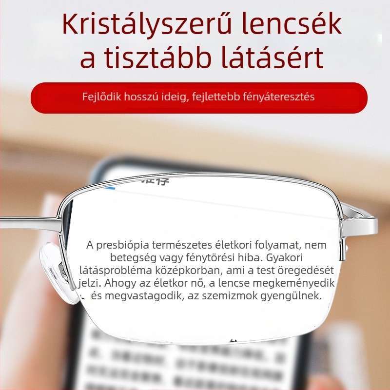 Félkeretes olvasószemüveg kristály lencsékkel, HD kopásálló, üzleti stílusú férfiaknak