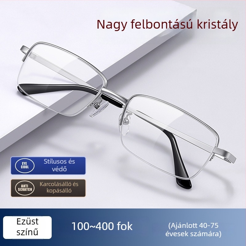Félkeretes olvasószemüveg kristály lencsékkel, HD kopásálló, üzleti stílusú férfiaknak