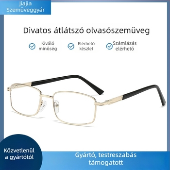 Olvasó szemüveg modern kristály dizájnnal felnőtteknek, négyszögletes teljes keret, fém keret; lencsék PC, UV védelem és anti-kékfény; kompatibilis dioptriával.