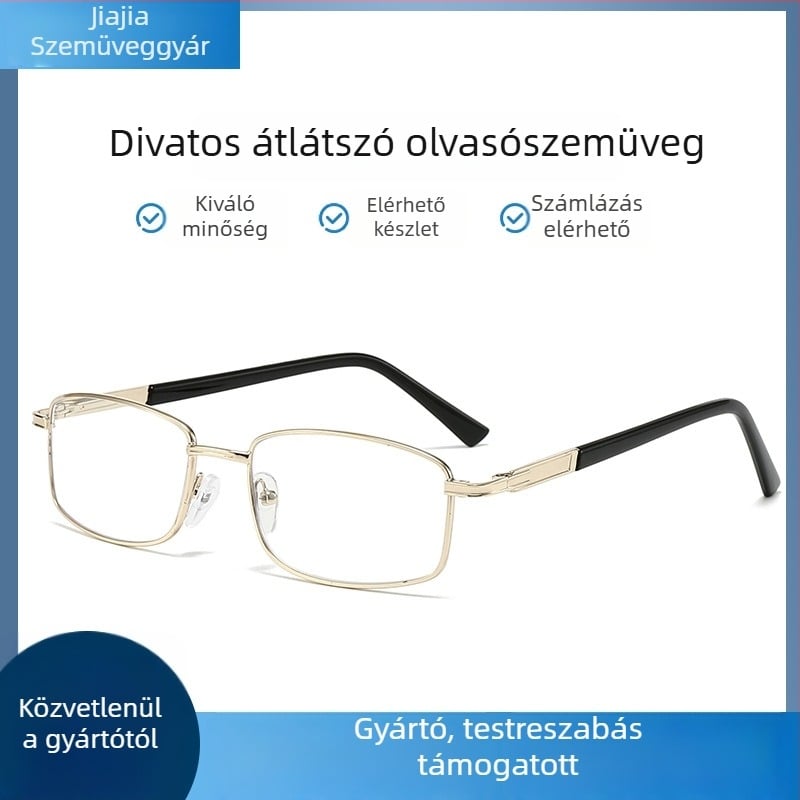 Olvasó szemüveg modern kristály dizájnnal felnőtteknek, négyszögletes teljes keret, fém keret; lencsék PC, UV védelem és anti-kékfény; kompatibilis dioptriával.