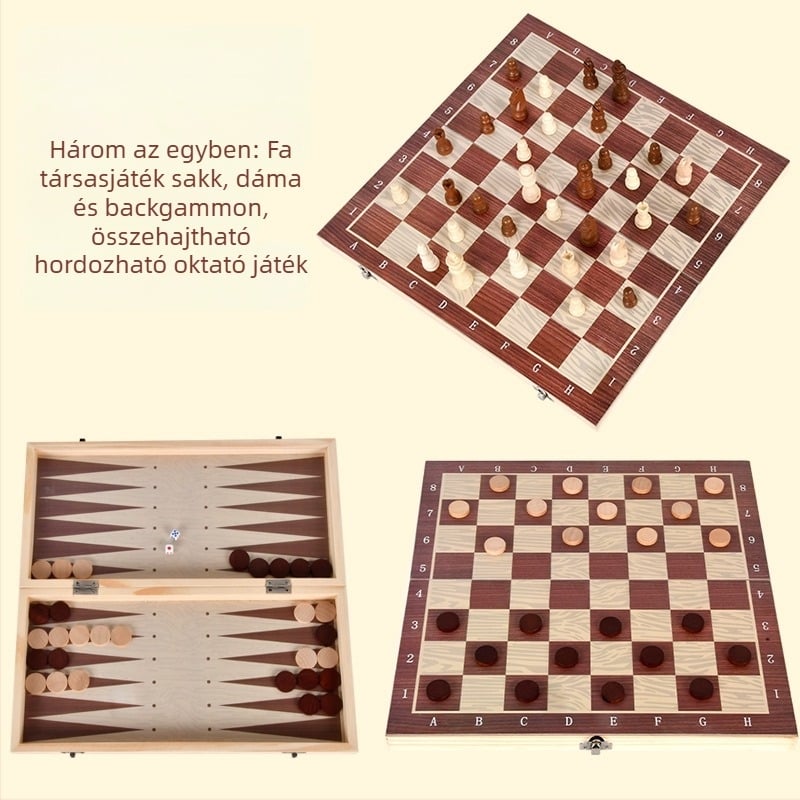 Fa három játék egyben: sakk, dáma és backgammon; összecsukható, hordozható, oktató jellegű
