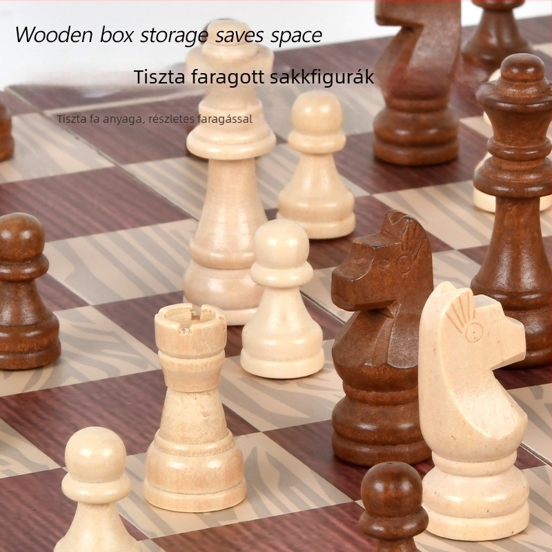 Fa három játék egyben: sakk, dáma és backgammon; összecsukható, hordozható, oktató jellegű